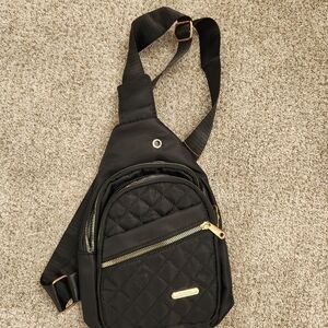 Black Quilted Crossbody Sling Bag with Gold Hardware